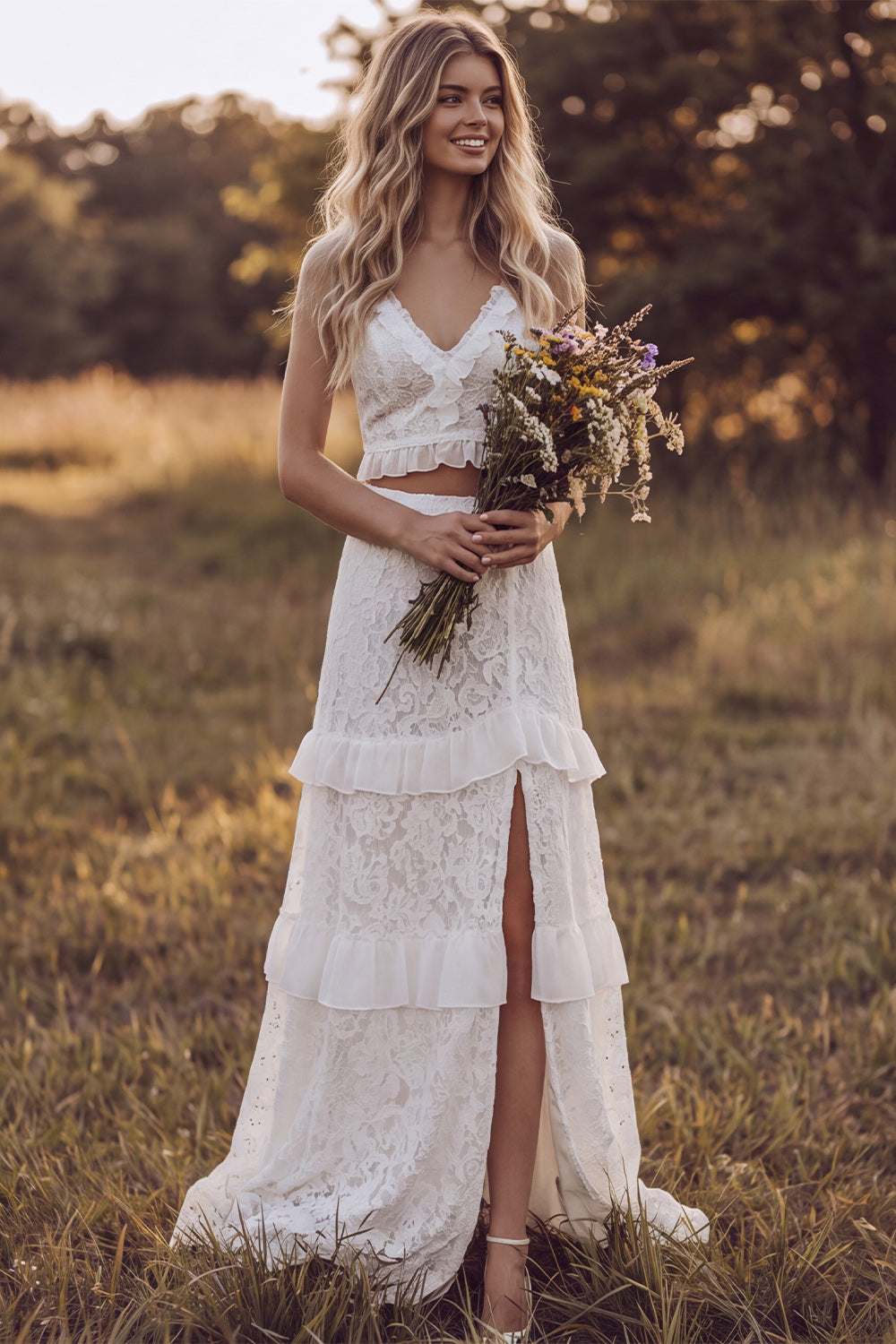 Ivory V-Neck Two-Piece Tiered Slit A-Line Lace Long Bridal Shower Dress with Ruffles