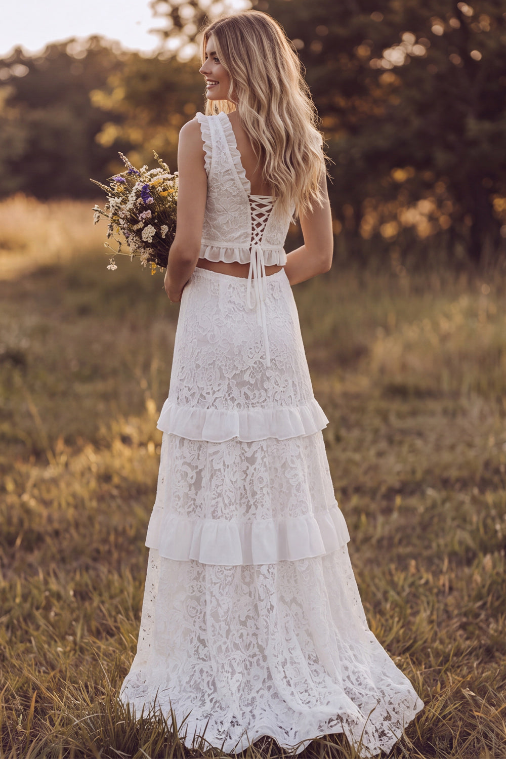 Ivory V-Neck Two-Piece Tiered Slit A-Line Lace Long Bridal Shower Dress with Ruffles