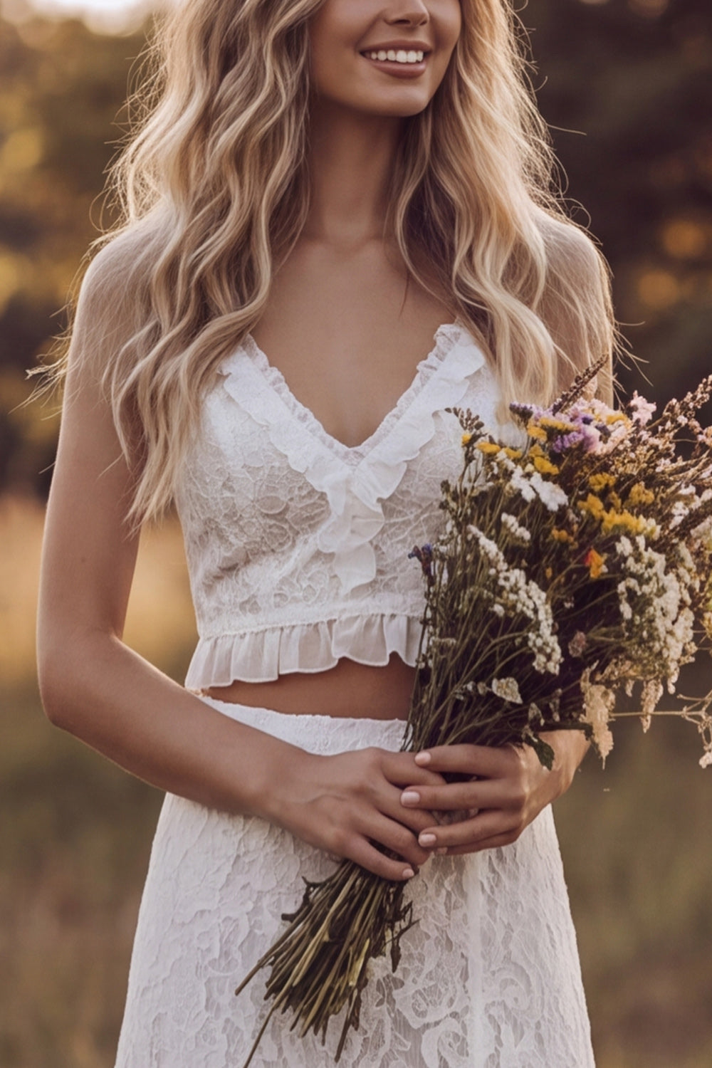 Ivory V-Neck Two-Piece Tiered Slit A-Line Lace Long Bridal Shower Dress with Ruffles