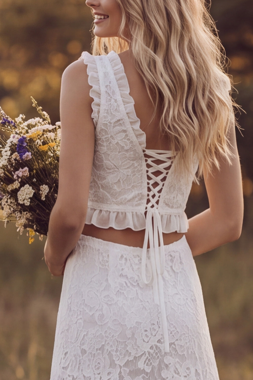 Ivory V-Neck Two-Piece Tiered Slit A-Line Lace Long Bridal Shower Dress with Ruffles