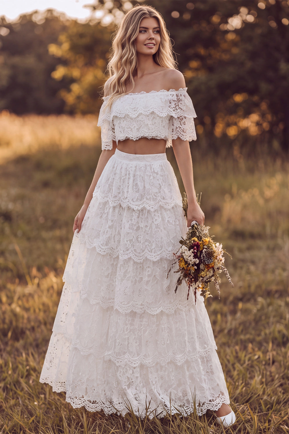 Ivory Two-Piece Off-the-Shoulder A-Line Tiered Ruffled Long Bridal Shower Dress