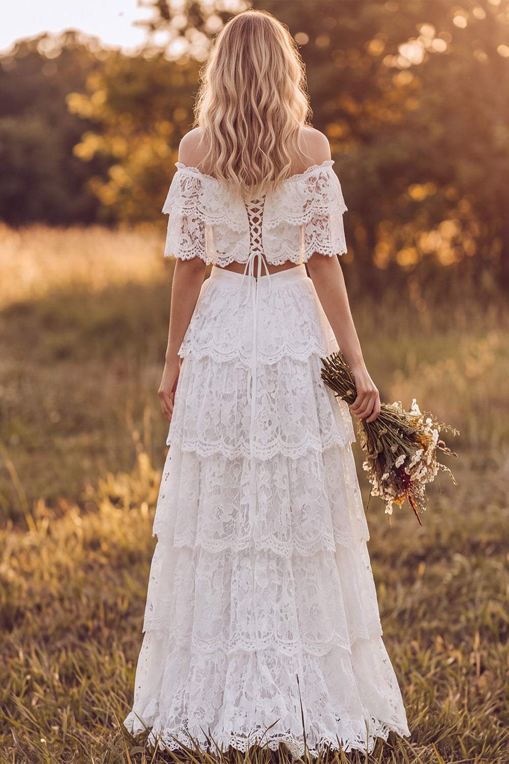 Ivory Two-Piece Off-the-Shoulder A-Line Tiered Ruffled Long Bridal Shower Dress