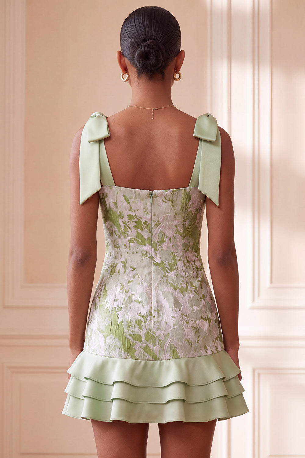 Light Green Pearl Square Neck Ruffled Short Homecoming Dress with Beading