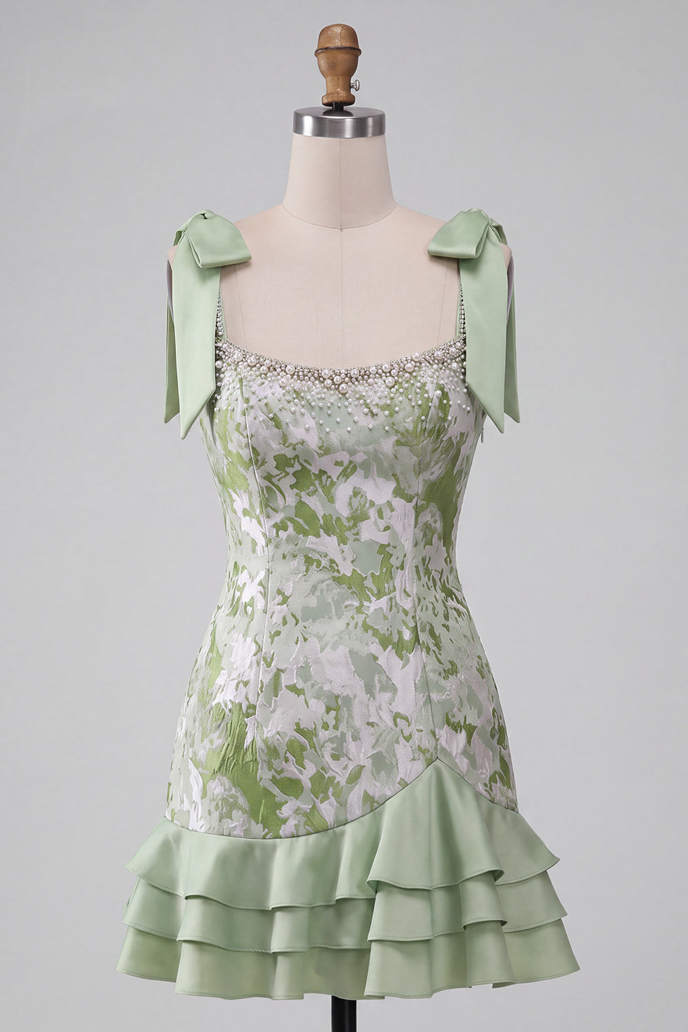Light Green Pearl Square Neck Ruffled Short Homecoming Dress with Beading
