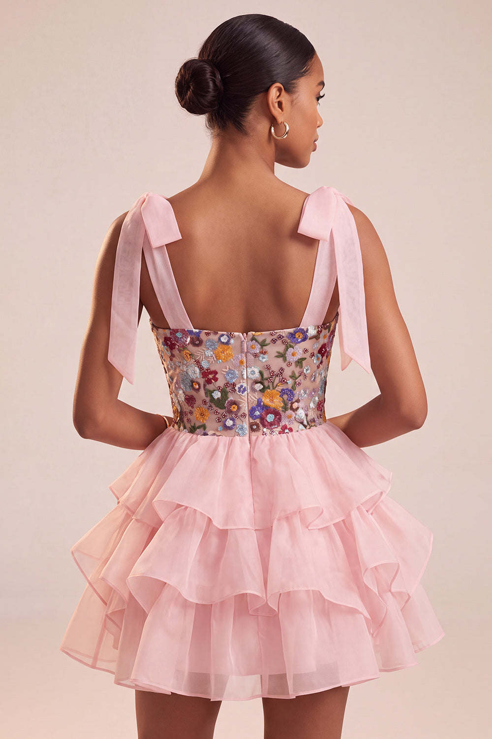 Pink A-Line Corset Tie-Bow Straps Tiered Ruffle Short Homecoming Dress
