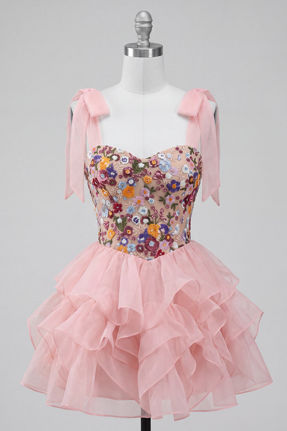 Pink A-Line Corset Tie-Bow Straps Tiered Ruffle Short Homecoming Dress