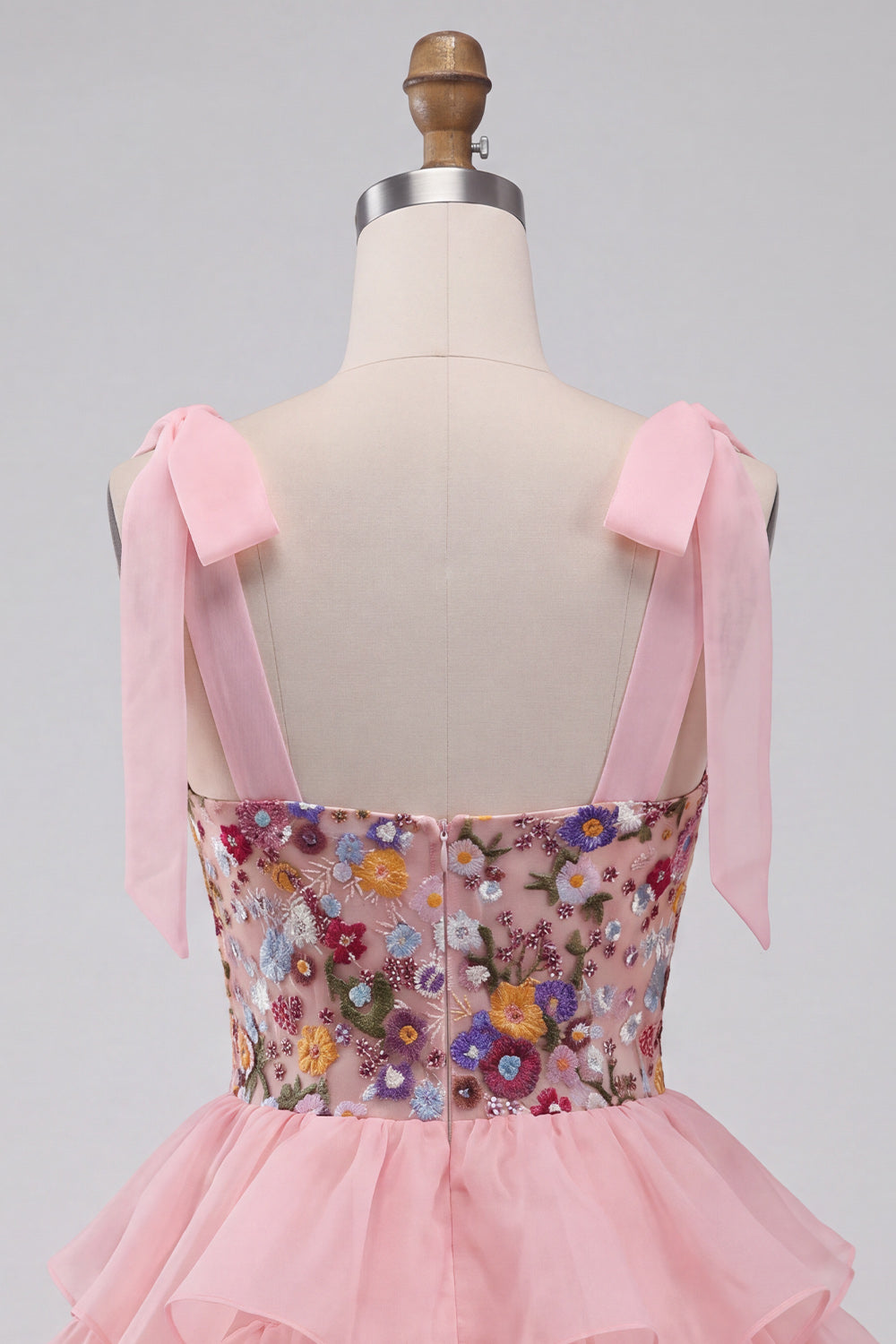 Pink A-Line Corset Tie-Bow Straps Tiered Ruffle Short Homecoming Dress