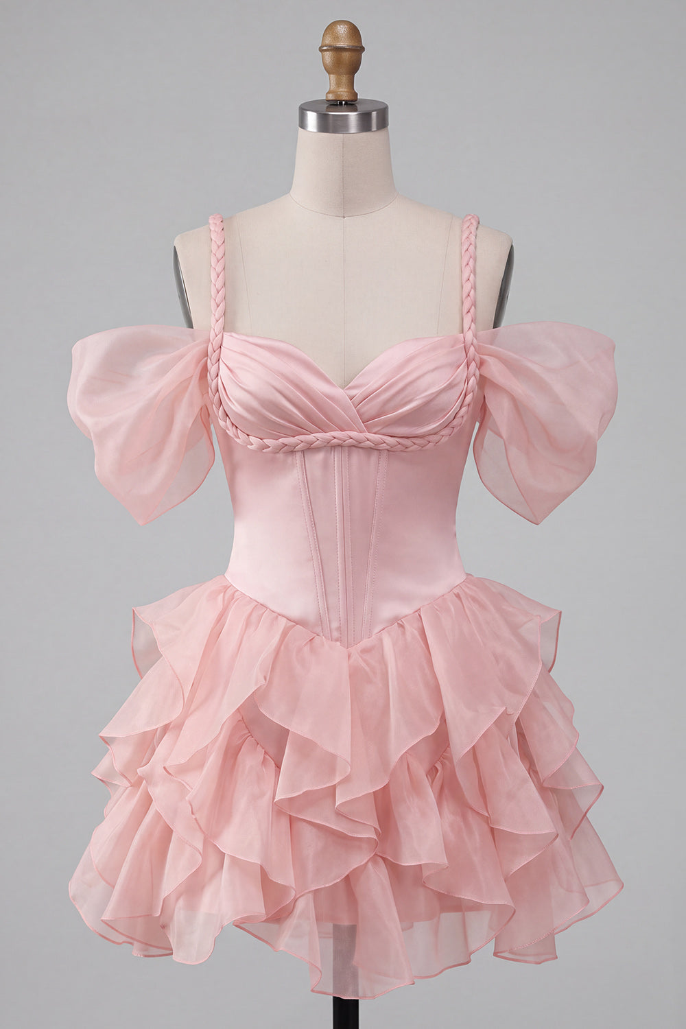 Pink Corset Cold Shoulder Short Homecoming Dress with Ruffle Hem