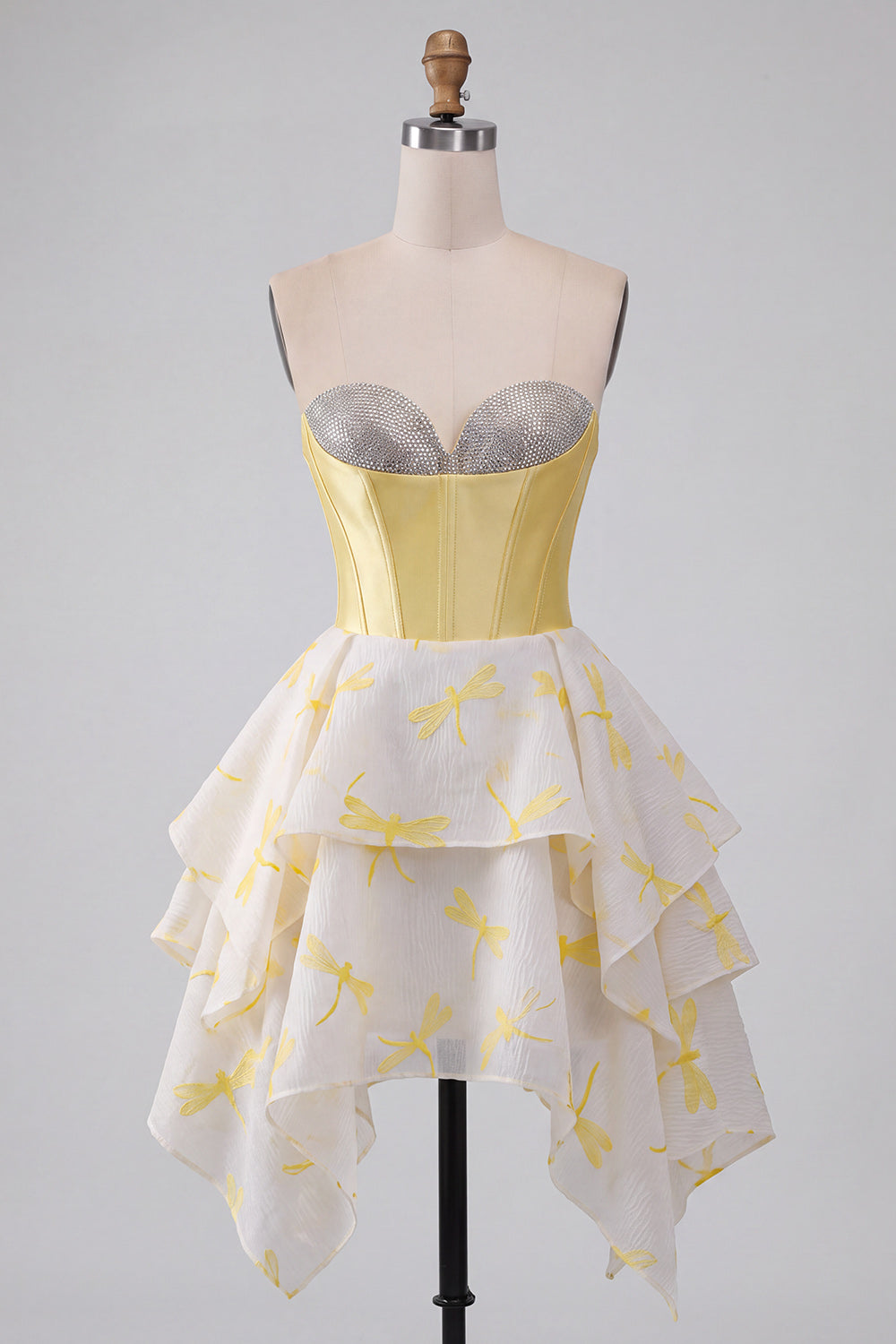 Robe de soirée jaune en ligne A, corset cœur, imprimée, coupe asymétrique, avec strass