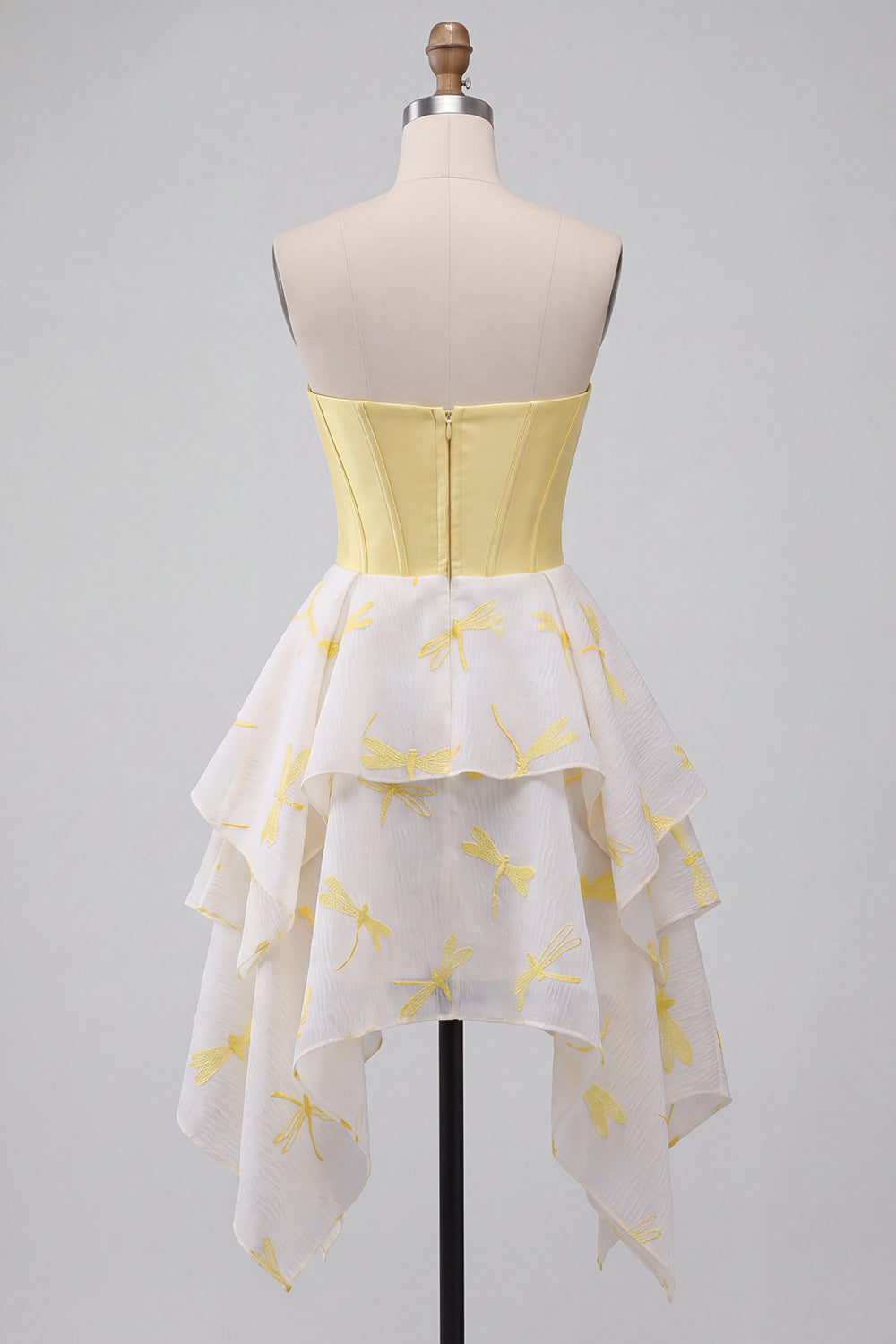 Robe de soirée jaune en ligne A, corset cœur, imprimée, coupe asymétrique, avec strass