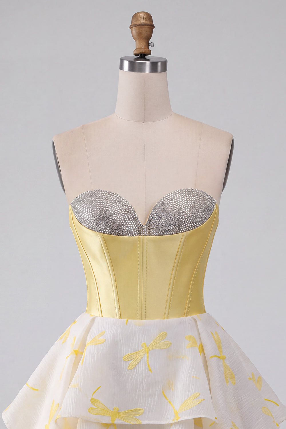 Robe de soirée jaune en ligne A, corset cœur, imprimée, coupe asymétrique, avec strass