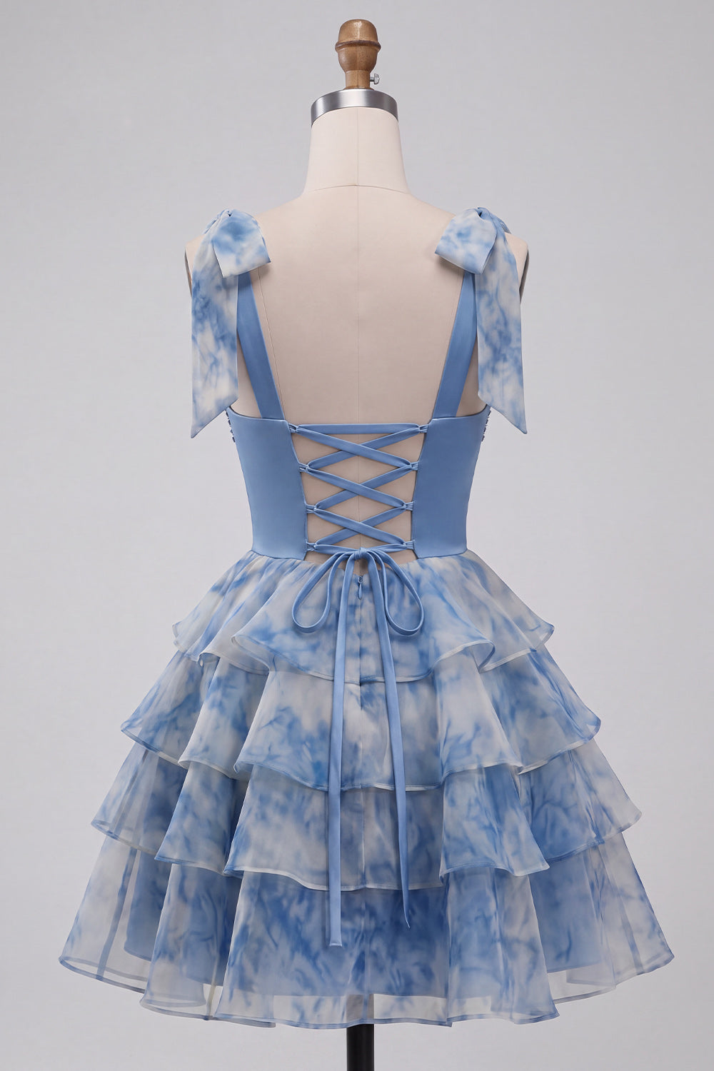Grey Blue A-Line Beaded Bow-Strap Sweetheart Tiered Ruffle Homecoming Dress