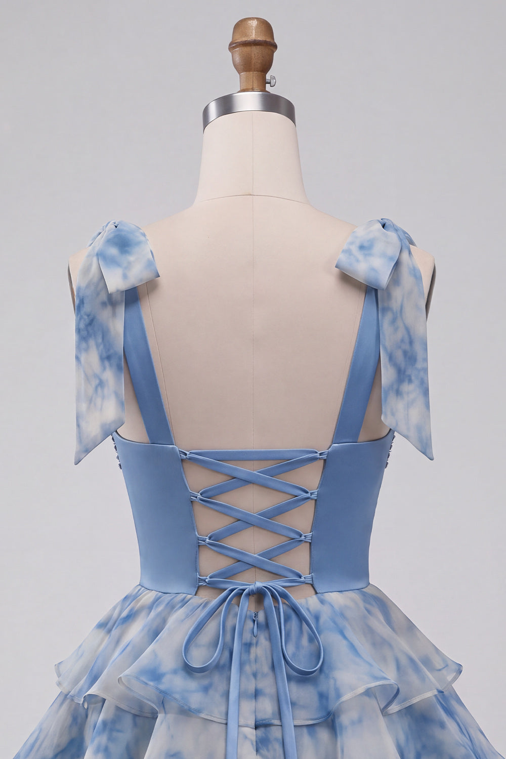 Grey Blue A-Line Beaded Bow-Strap Sweetheart Tiered Ruffle Homecoming Dress