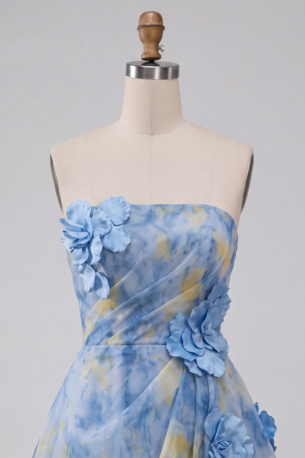 Grey Blue Strapless A-Line Ruched Short Homecoming Dress with 3D Flowers