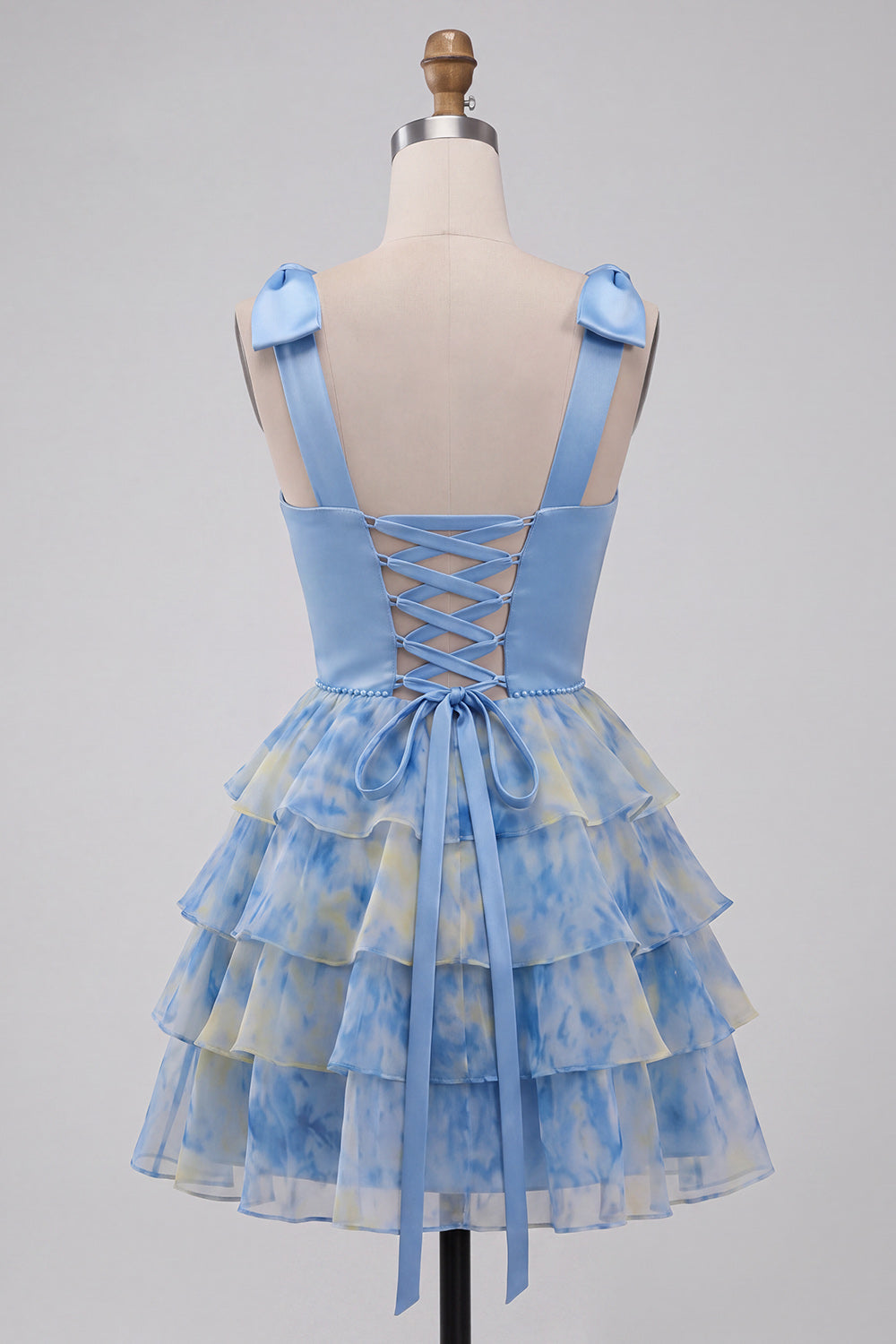 Grey Blue Bow-Strap V-Neck Pearls Tiered Short Homecoming Dress
