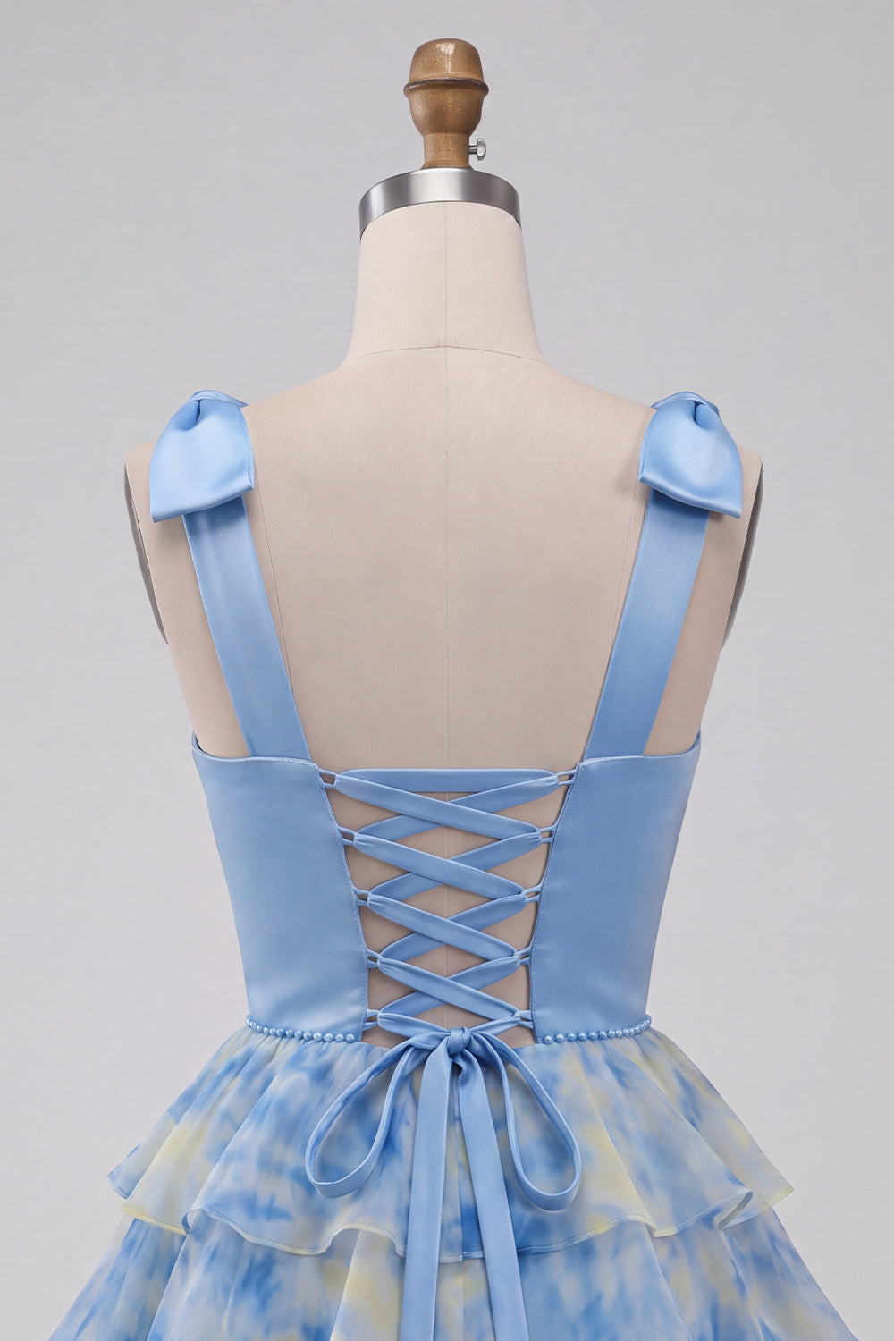 Grey Blue Bow-Strap V-Neck Pearls Tiered Short Homecoming Dress