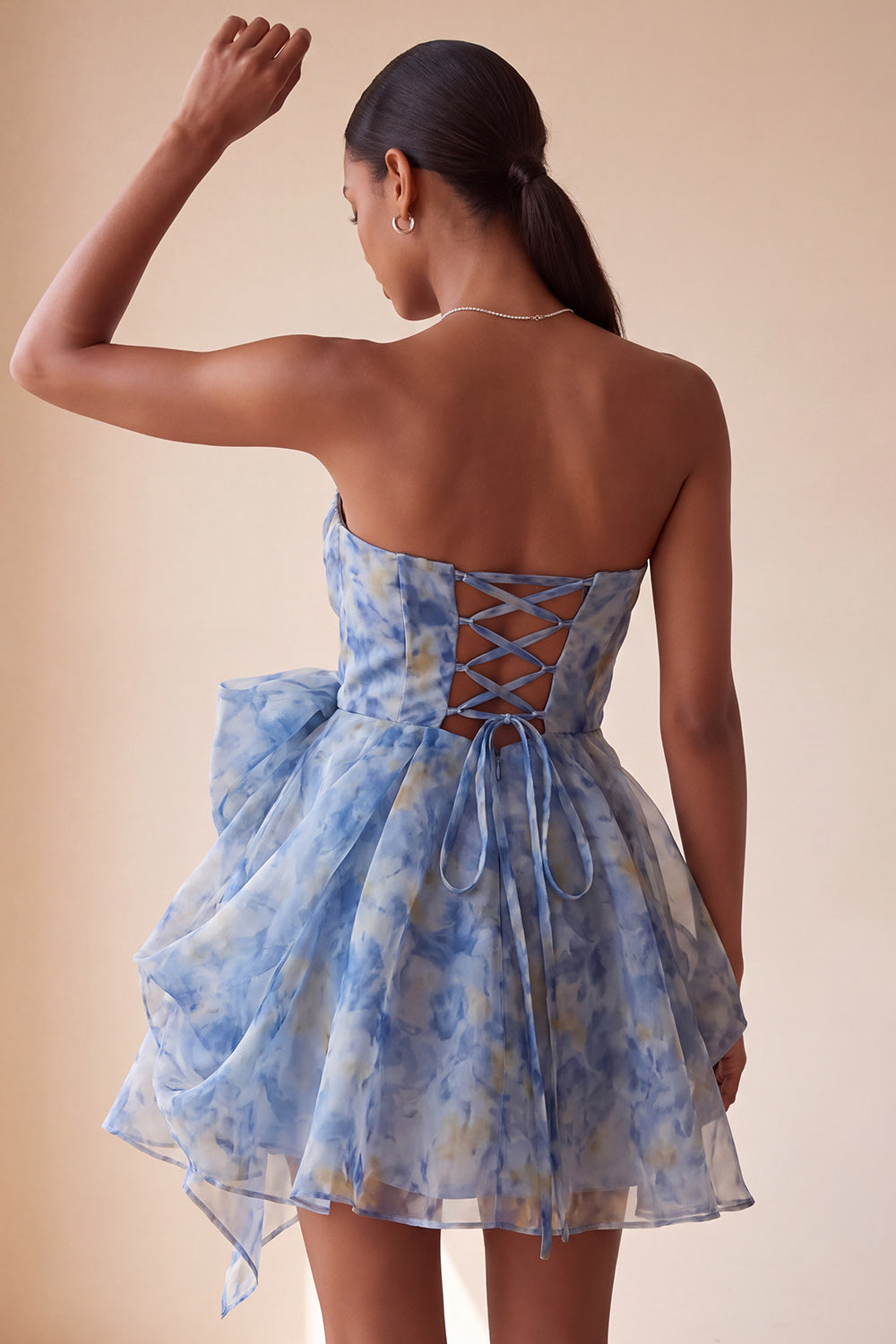 Grey Blue Strapless A-Line Ruched Short Homecoming Dress with Bow