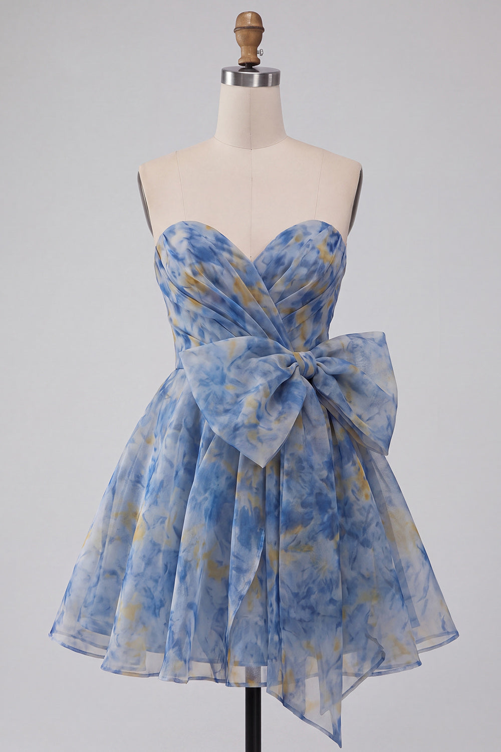Grey Blue Strapless A-Line Ruched Short Homecoming Dress with Bow
