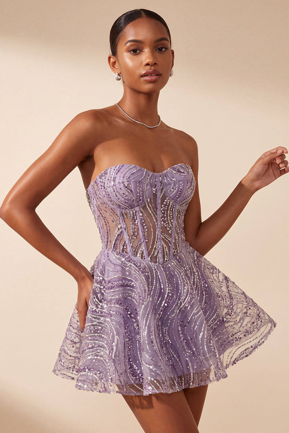 Lilac A Line Sheer Corset Strapless Short Homecoming Dress with Sequins