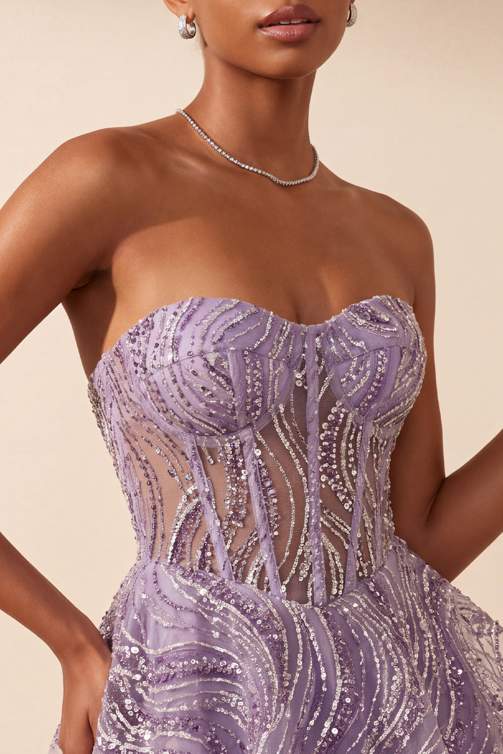 Lilac A Line Sheer Corset Strapless Short Homecoming Dress with Sequins