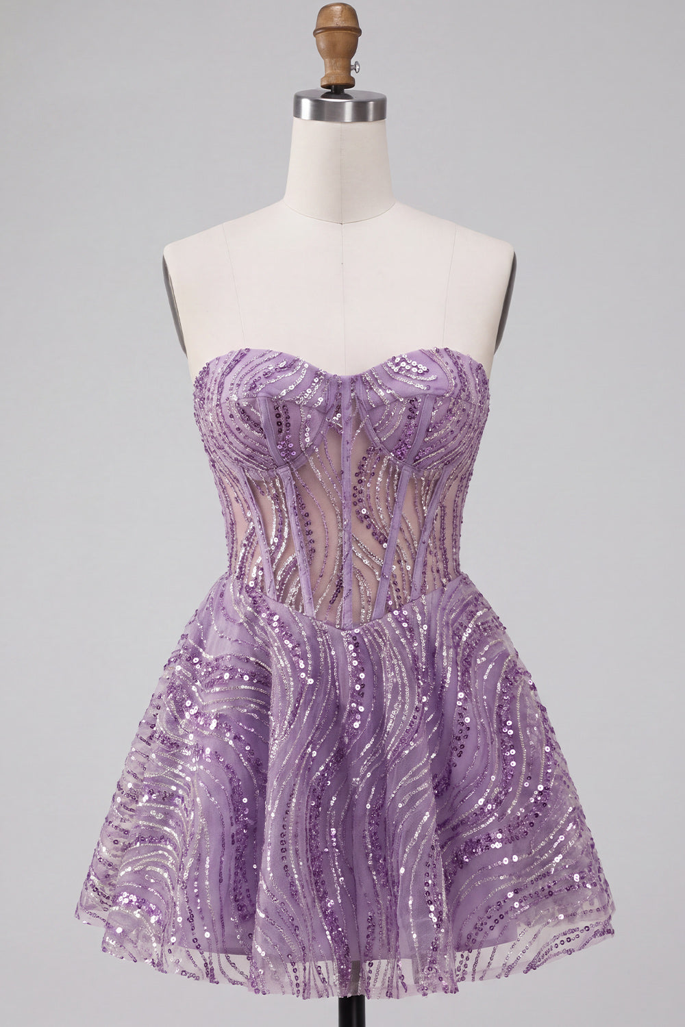 Lilac A Line Sheer Corset Strapless Short Homecoming Dress with Sequins