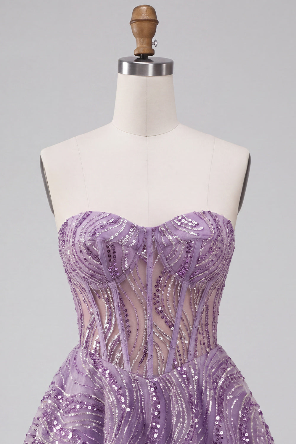 Lilac A Line Sheer Corset Strapless Short Homecoming Dress with Sequins