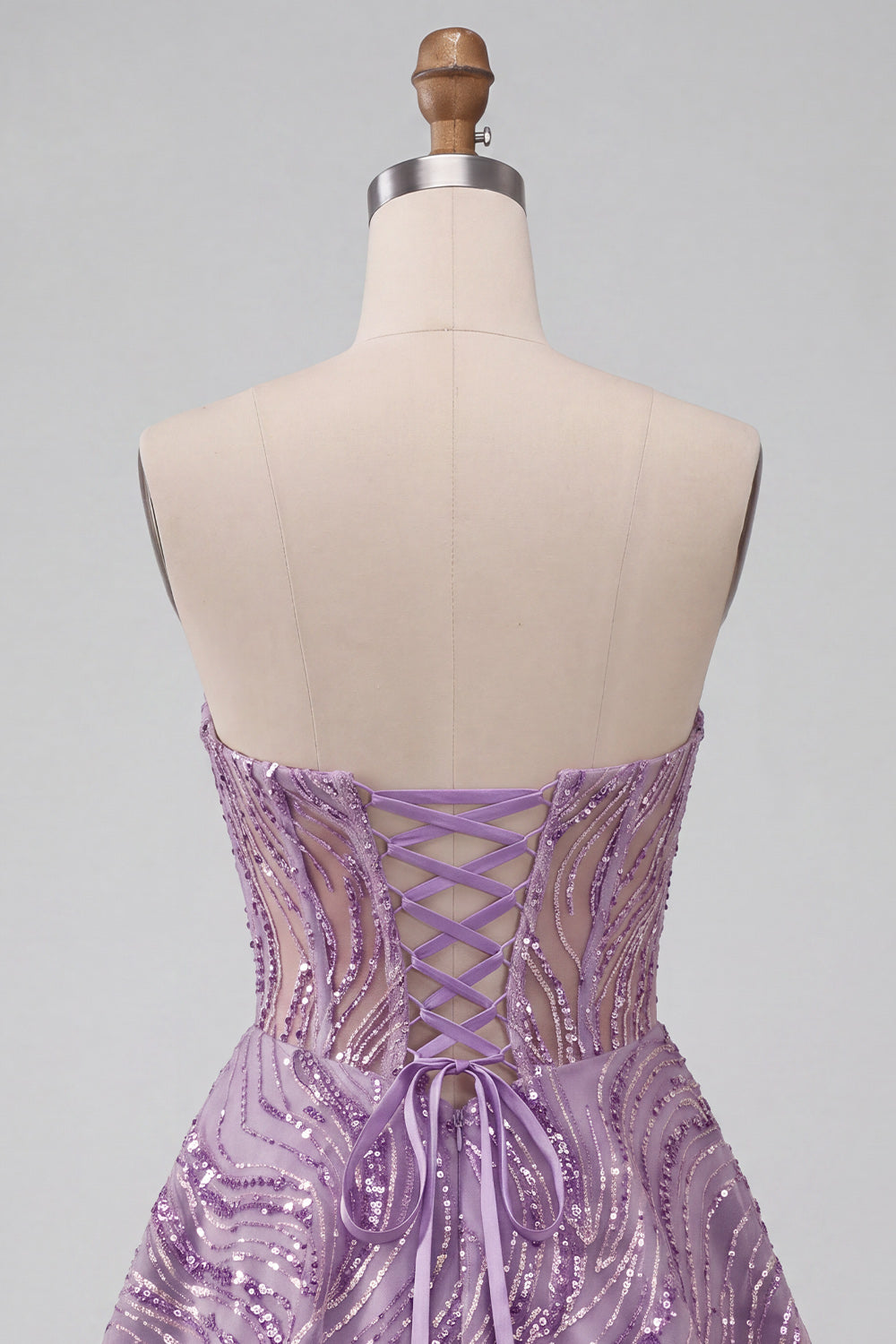 Lilac A Line Sheer Corset Strapless Short Homecoming Dress with Sequins