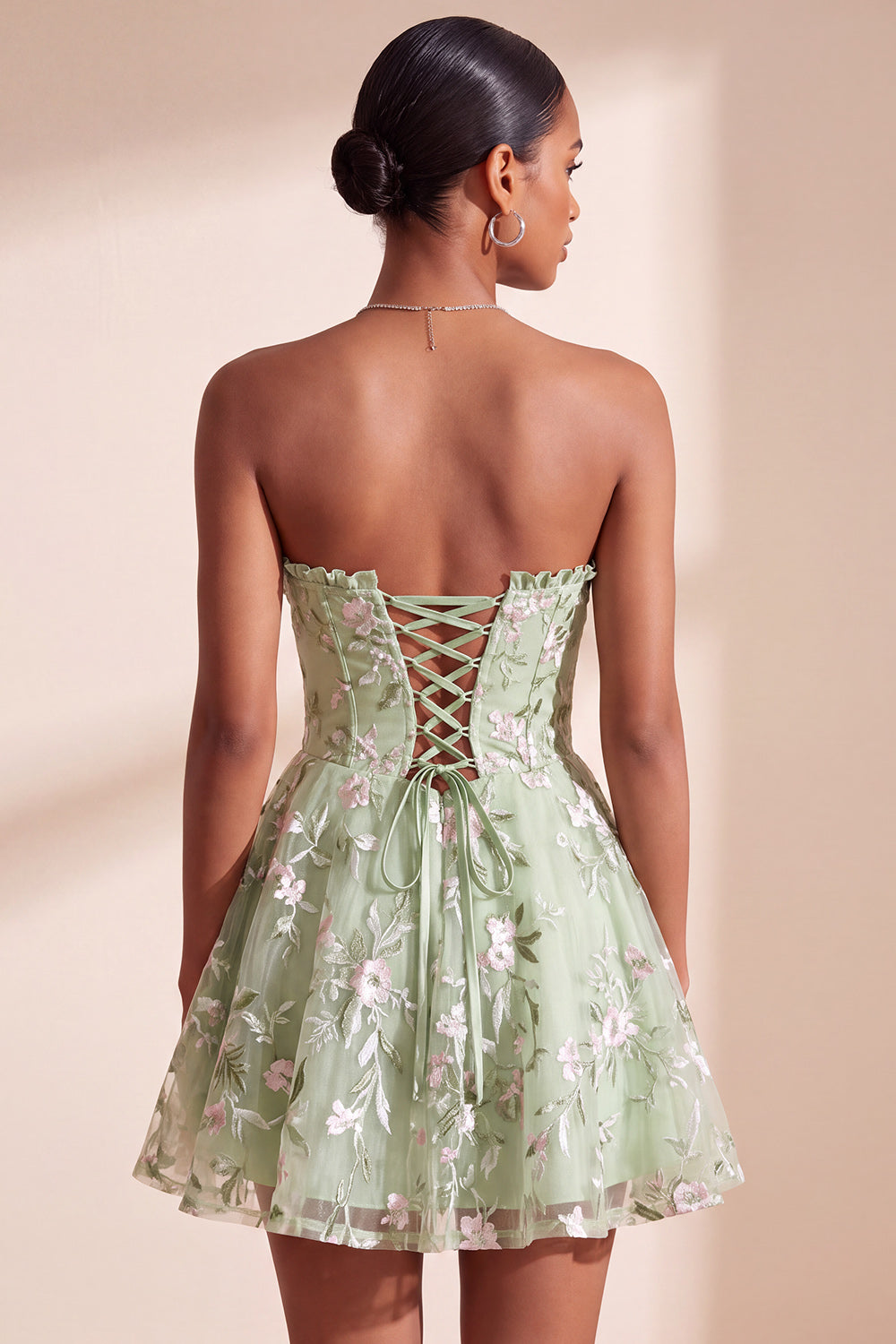 Sage Green A-Line Floral Embroidery Strapless Corset Short Homecoming Dress