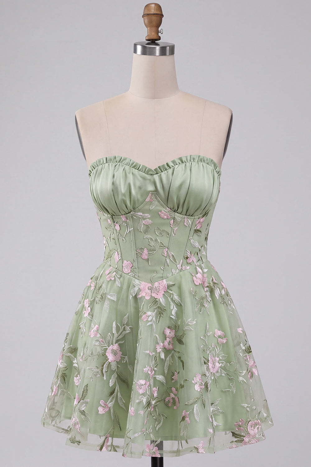 Sage Green A-Line Floral Embroidery Strapless Corset Short Homecoming Dress