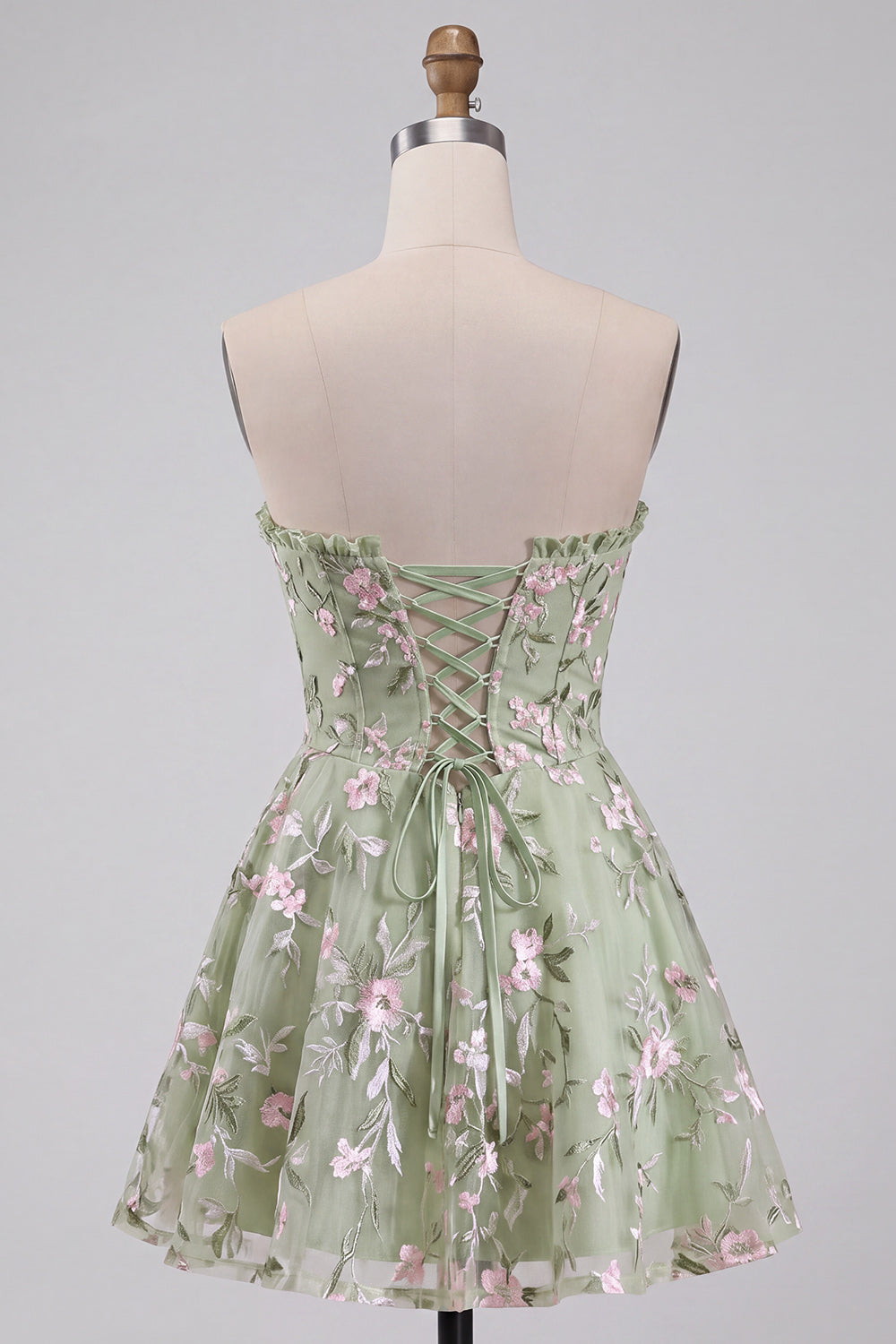 Sage Green A-Line Floral Embroidery Strapless Corset Short Homecoming Dress