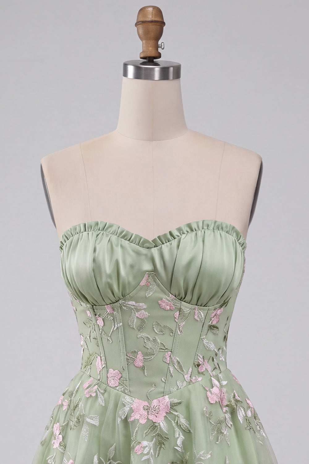 Sage Green A-Line Floral Embroidery Strapless Corset Short Homecoming Dress