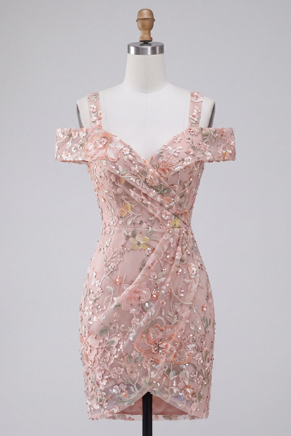 Blush Bodycon Cold Shoulder Floral Short Homecoming Dress with Embroidery