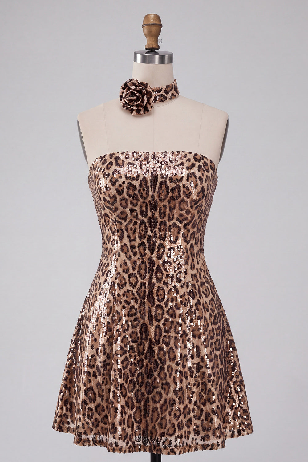 Sparkly Leopard Print Sequin Strapless Short Homecoming Dress with Rosette Choker