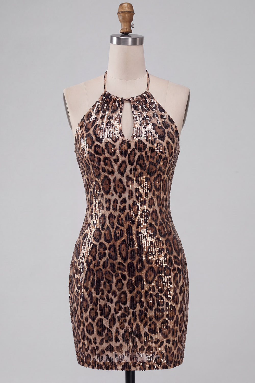 Sparkly Sequin Leopard Print Bodycon Halter Keyhole Short Homecoming Dress