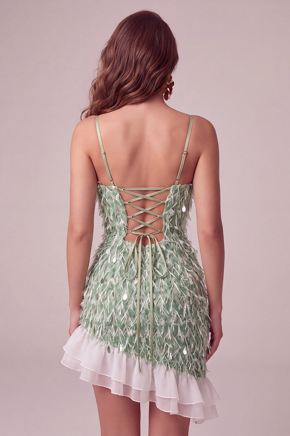 Green Bodycon Square Neck Sequin Fringe Homecoming Dress with Asymmetric Ruffled Hem