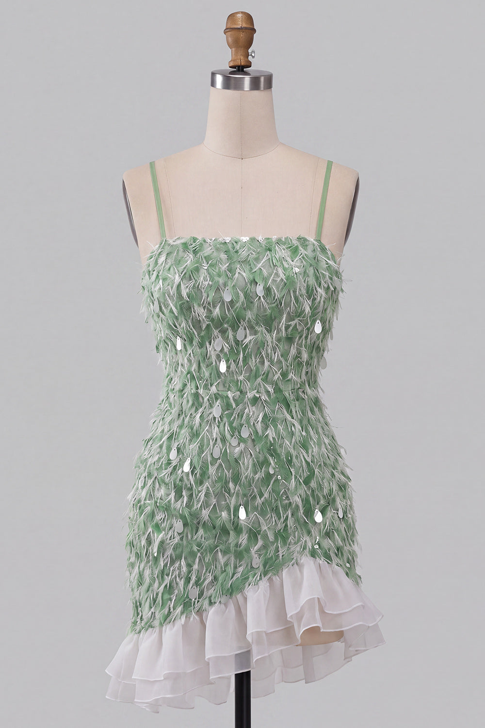 Green Bodycon Square Neck Sequin Fringe Homecoming Dress with Asymmetric Ruffled Hem