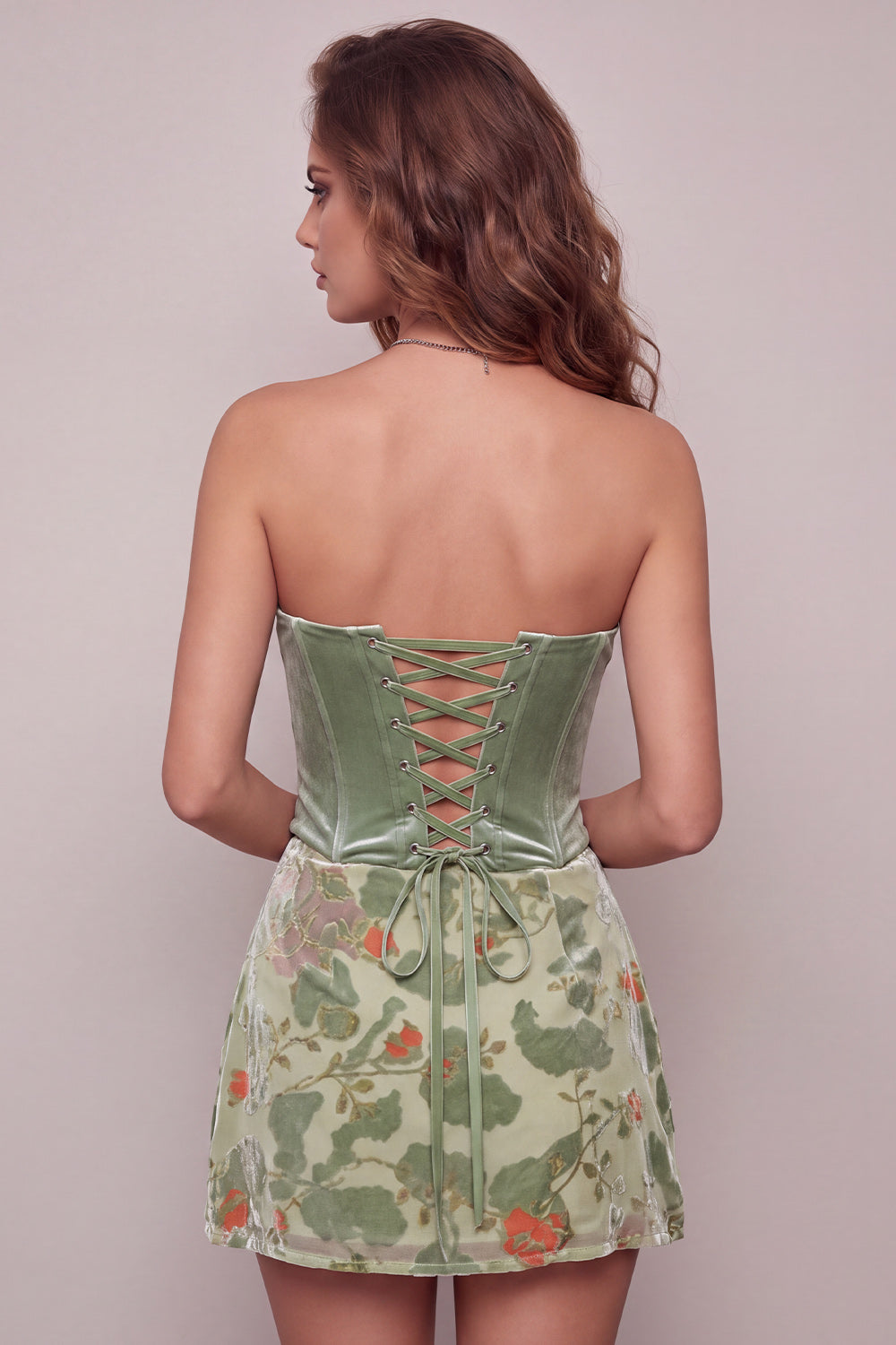 Dusty Sage Corset Velvet Strapless Floral Short Homecoming Dress