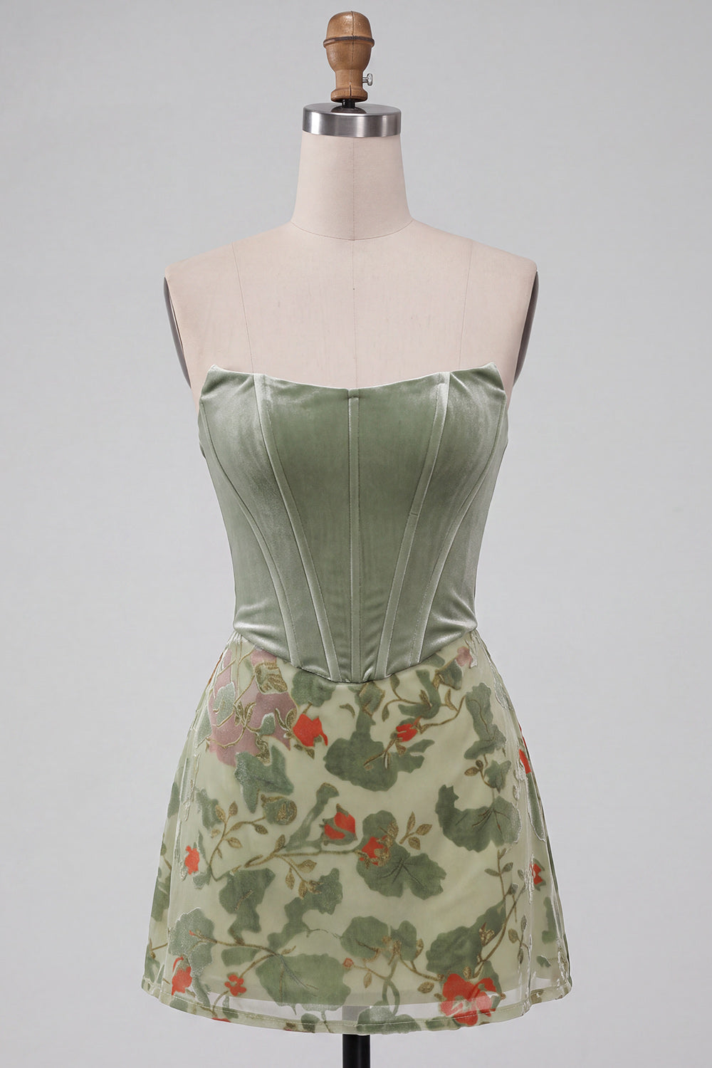 Dusty Sage Corset Velvet Strapless Floral Short Homecoming Dress