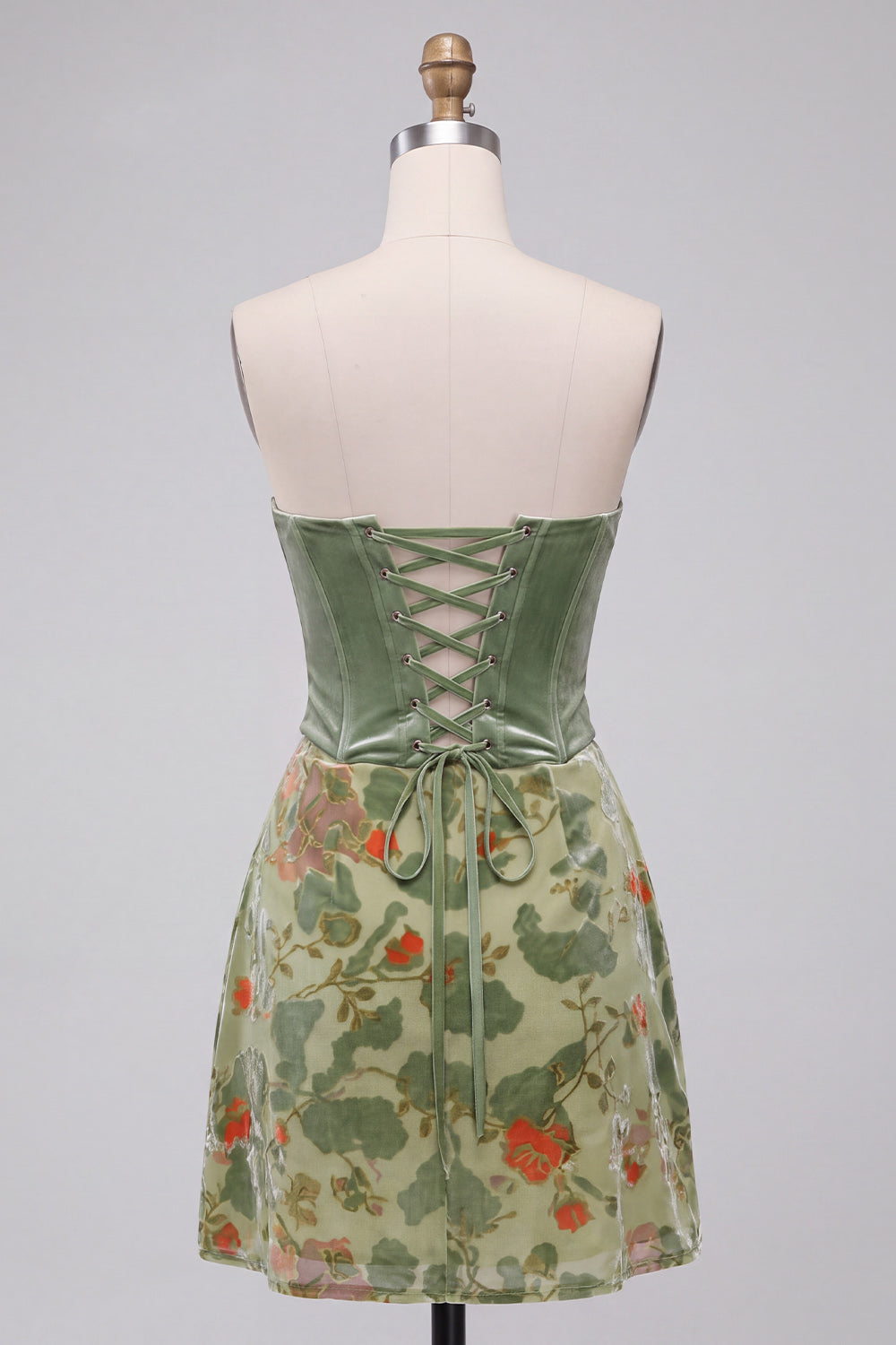 Dusty Sage Corset Velvet Strapless Floral Short Homecoming Dress