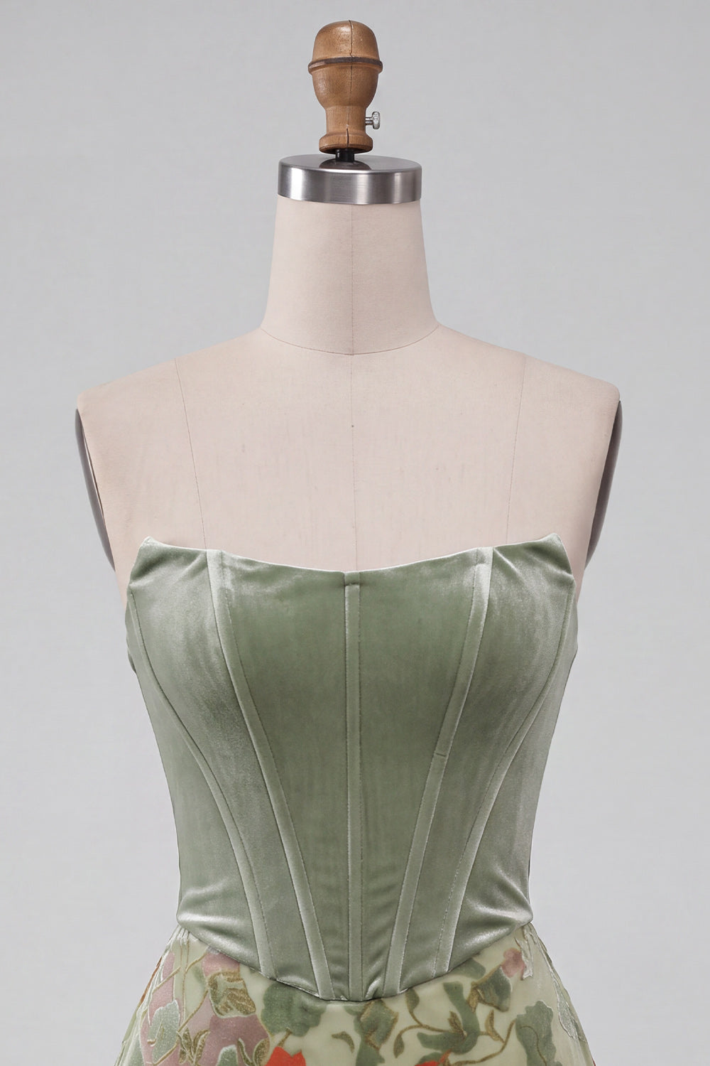 Dusty Sage Corset Velvet Strapless Floral Short Homecoming Dress
