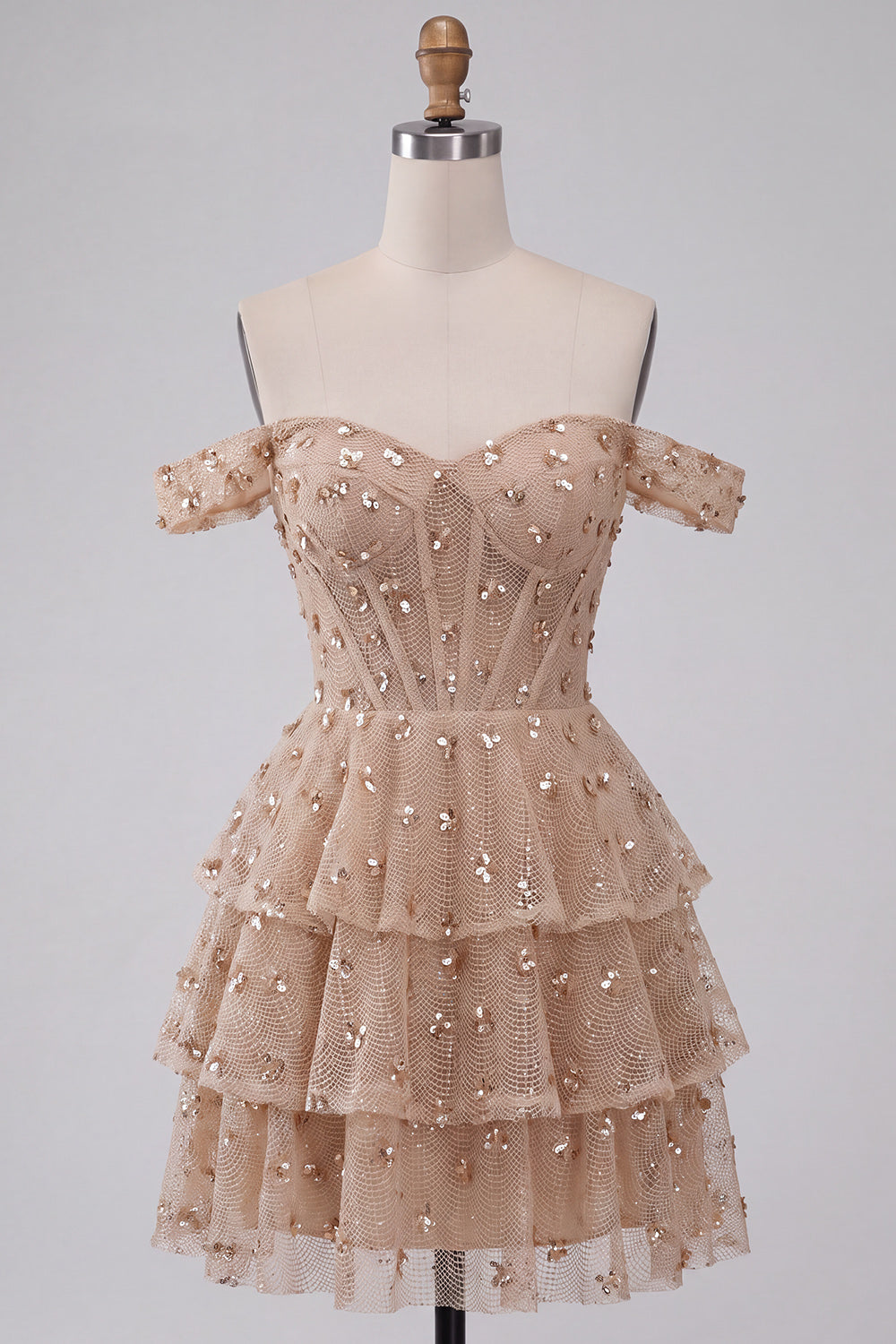 Champagne Corset Off the Shoulder Tiered Short Homecoming Dress with Beading