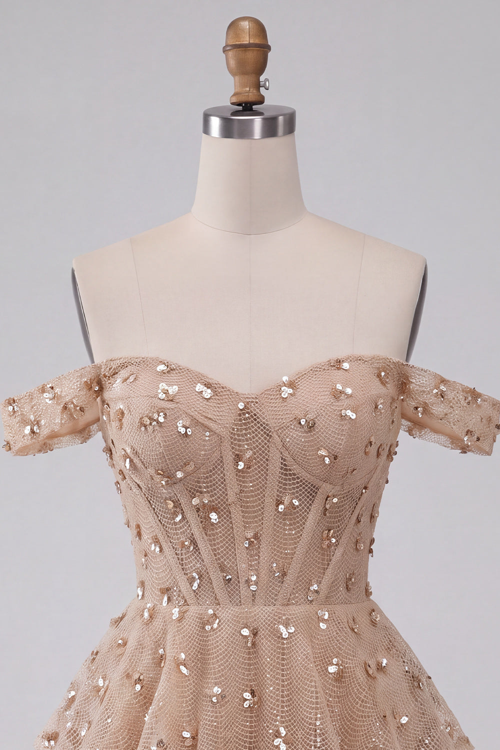 Champagne Corset Off the Shoulder Tiered Short Homecoming Dress with Beading