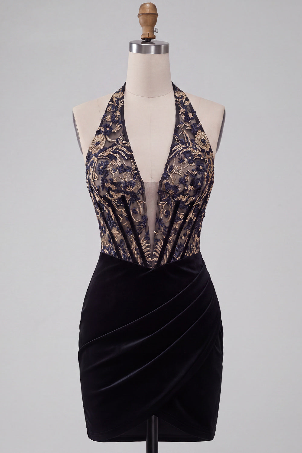 Black Corset Halter Velvet Ruched Deep V-Neck Short Homecoming Dress with Embroidery