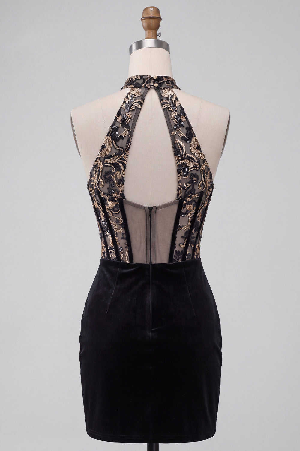 Black Corset Halter Velvet Ruched Deep V-Neck Short Homecoming Dress with Embroidery