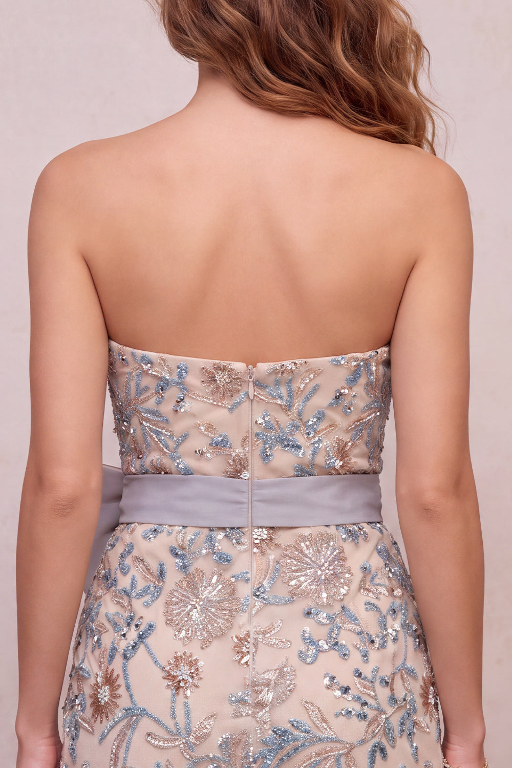 Light Grey Bodycon Sequins Strapless Beaded Short Homecoming Dress with Bow