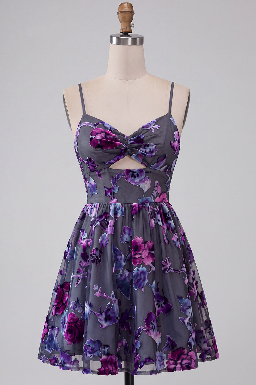 Plum A-Line Sweetheart Cutout Floral Short Homecoming Dress