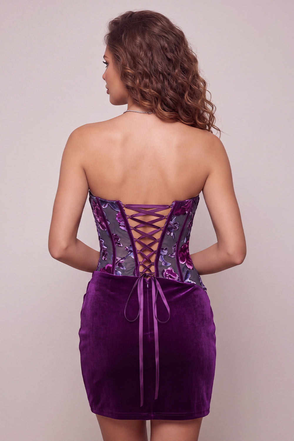 Purple Velvet Corset Bodycon Strapless Ruched Floral Short Homecoming Dress