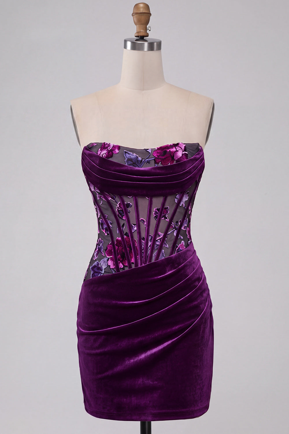 Purple Velvet Corset Bodycon Strapless Ruched Floral Short Homecoming Dress