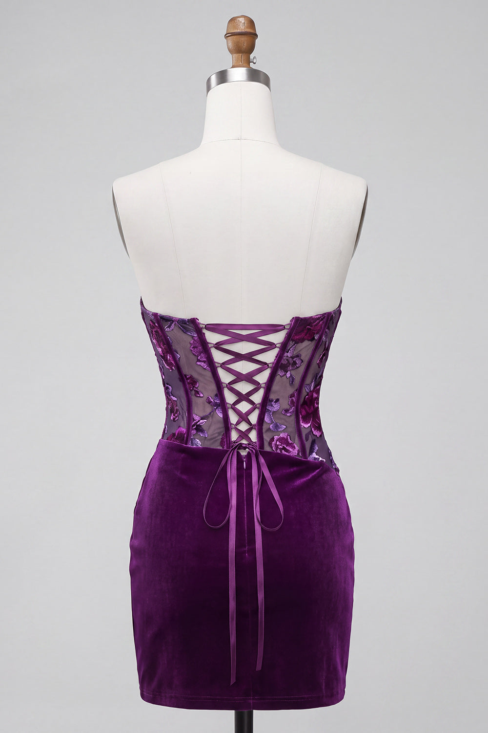 Purple Velvet Corset Bodycon Strapless Ruched Floral Short Homecoming Dress