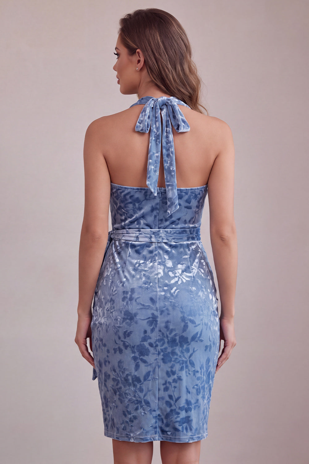 Slate Blue Bodycon Halter Velvet Ruched Midi Homecoming Dress with Sash